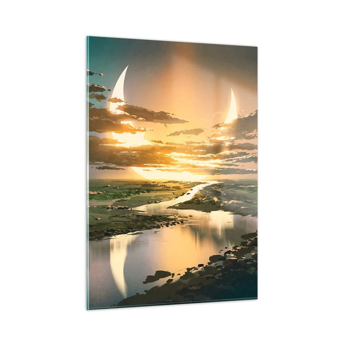 Glasbild - Bild auf glas - Eine fantastische Landschaft mit einem Doppelmond über dem Fluss - 50x70cm - Irgendwo in einer weit, weit entfernten Galaxie - Moderne Wanddekoration für Wohnzimmer und Schlafzimmer ARTTOR