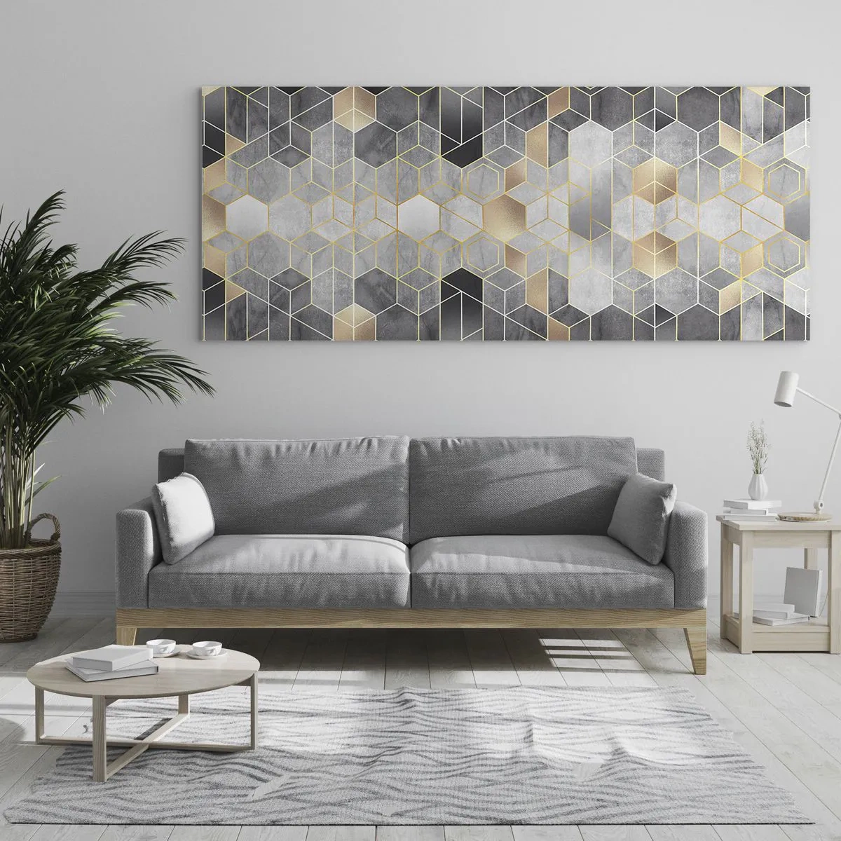 Glasbild - Bild auf glas - Geometrisches Muster in goldenen Farbtönen - 120x50cm - Diamant-Komposition - Moderne Wanddekoration für Wohnzimmer und Schlafzimmer ARTTOR