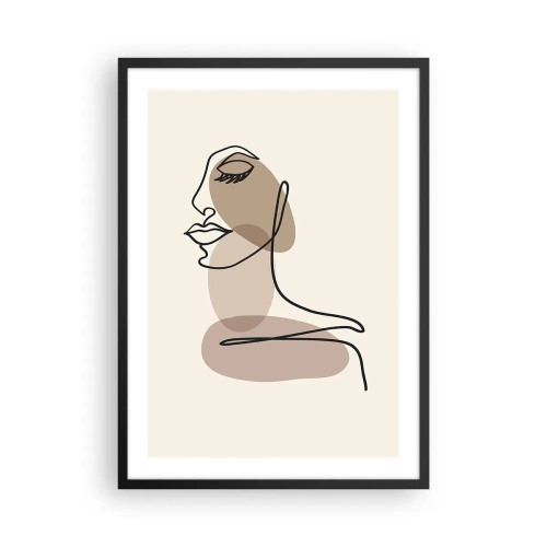 Poster in einem schwarzem Rahmen - Ein minimalistisches Frauenporträt in Beigetönen. - 50x70cm - Sich selbst zugehört - Moderne Wanddekoration für Wohnzimmer und Schlafzimmer ARTTOR