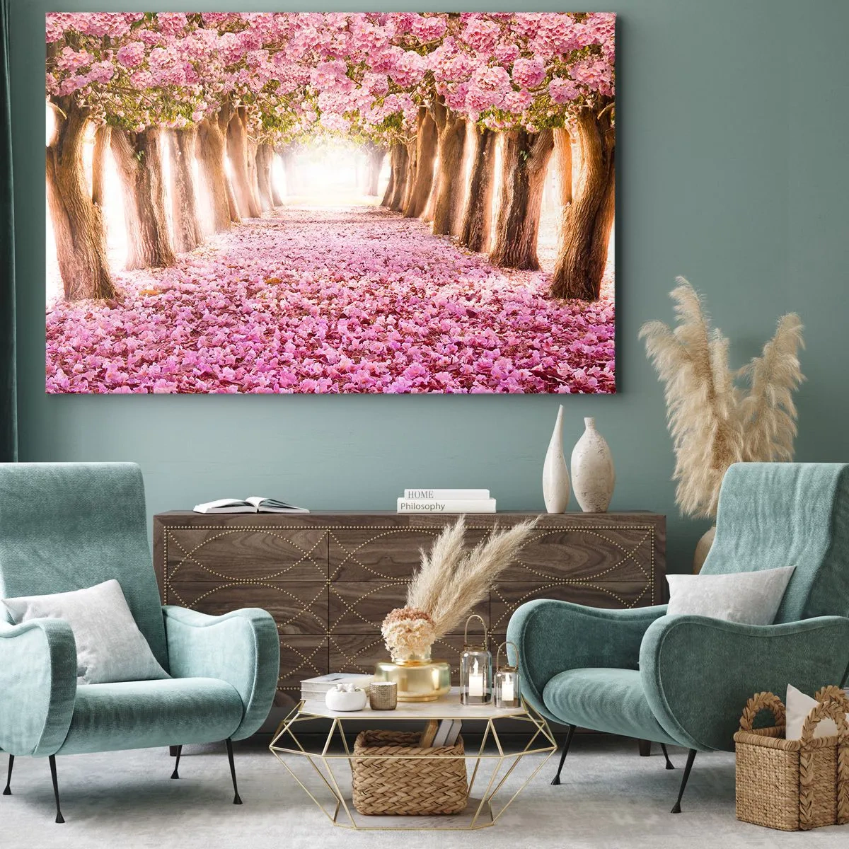 Bild auf Leinwand - Leinwandbild - Eine Allee blühender Bäume in Rosatönen - 120x80cm - Der Weg ins Paradies - Moderne Wanddekoration für Wohnzimmer und Schlafzimmer ARTTOR