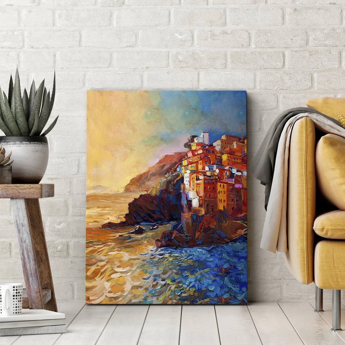 Bild auf Leinwand - Leinwandbild - Bunte Häuser auf einer Klippe über dem Meer - 50x70cm - Italienische Atmosphäre - Moderne Wanddekoration für Wohnzimmer und Schlafzimmer ARTTOR