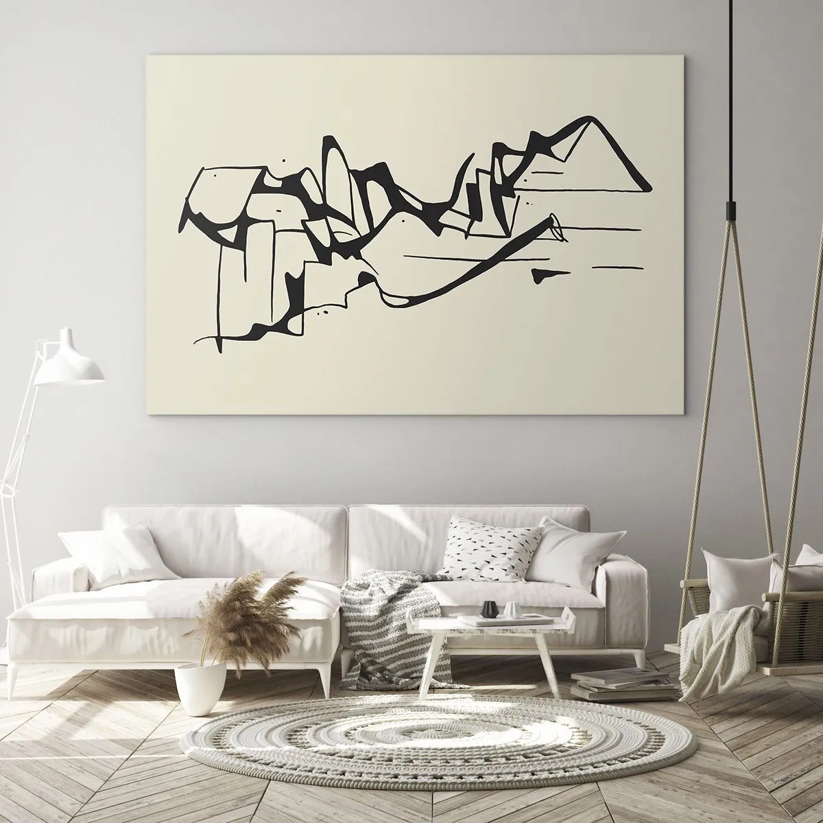 Glasbild - Bild auf glas - Abstrakte schwarz-weiße Linie, die den Umriss einer Landschaft bildet - 70x50cm - Vielleicht eine Landschaft - Moderne Wanddekoration für Wohnzimmer und Schlafzimmer ARTTOR