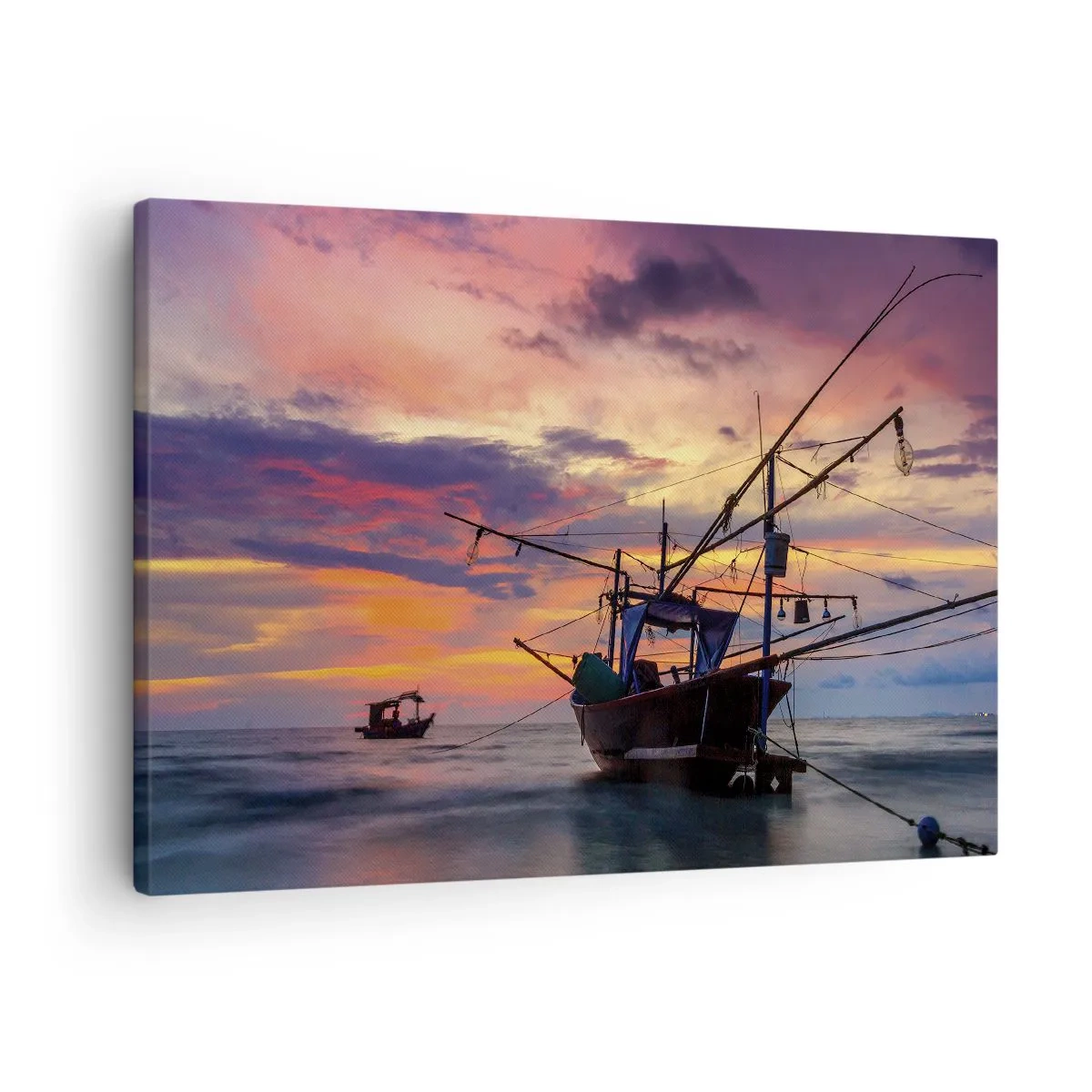 Bild auf Leinwand - Leinwandbild - Ein Fischerboot vor der Kulisse eines farbenfrohen Sonnenuntergangs - 70x50cm - Exotischer Abend - Moderne Wanddekoration für Wohnzimmer und Schlafzimmer ARTTOR