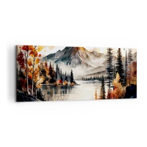 Bild auf Leinwand - Leinwandbild - Herbstliche Berglandschaft mit See und Bäumen in Aquarell - 120x50cm - Goldener Herbst in den Bergen - Moderne Wanddekoration für Wohnzimmer und Schlafzimmer ARTTOR