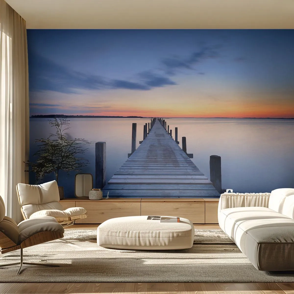 Fototapete Premium Sand - Eine Holzbrücke, die zu einem ruhigen See führt - 100x70cm - Die Ruhe einer heiteren Dämmerung - Moderne Wanddekoration für Wohnzimmer und Schlafzimmer ARTTOR