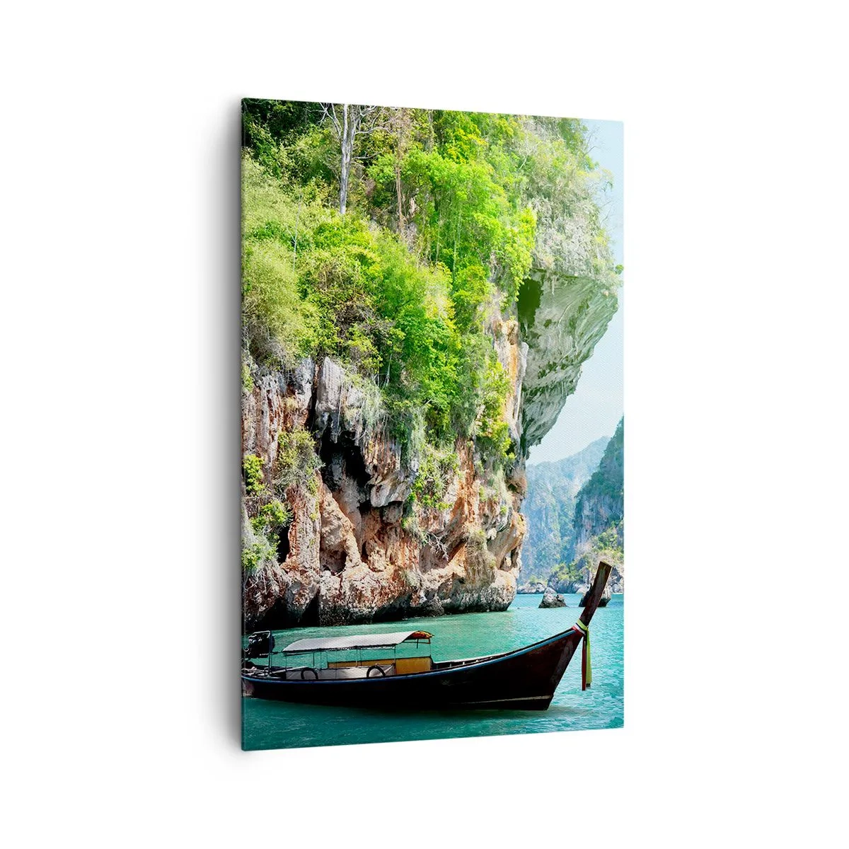 Bild auf Leinwand - Leinwandbild - Ein traditionelles Boot vor der Kulisse tropischer Klippen und türkisfarbenem Wasser - 80x120cm - Eine Einladung zu einer exotischen Reise - Moderne Wanddekoration für Wohnzimmer und Schlafzimmer ARTTOR