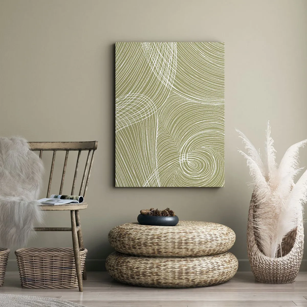 Bild auf Leinwand - Leinwandbild - Grüne und weiße Linien in einer abstrakten Komposition - 50x70cm - Komplizierte Abstraktion in Weiß - Moderne Wanddekoration für Wohnzimmer und Schlafzimmer ARTTOR