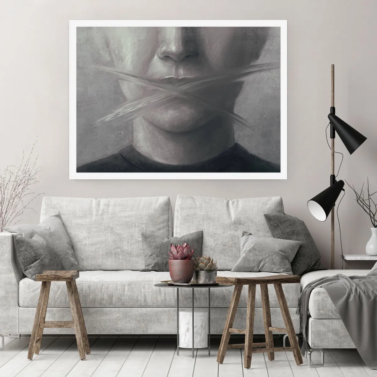 Poster - Ein symbolisches Porträt mit verschwommenen Lippen in Grautönen. - 100x70cm - Ohne ein Wort - Moderne Wanddekoration für Wohnzimmer und Schlafzimmer ARTTOR