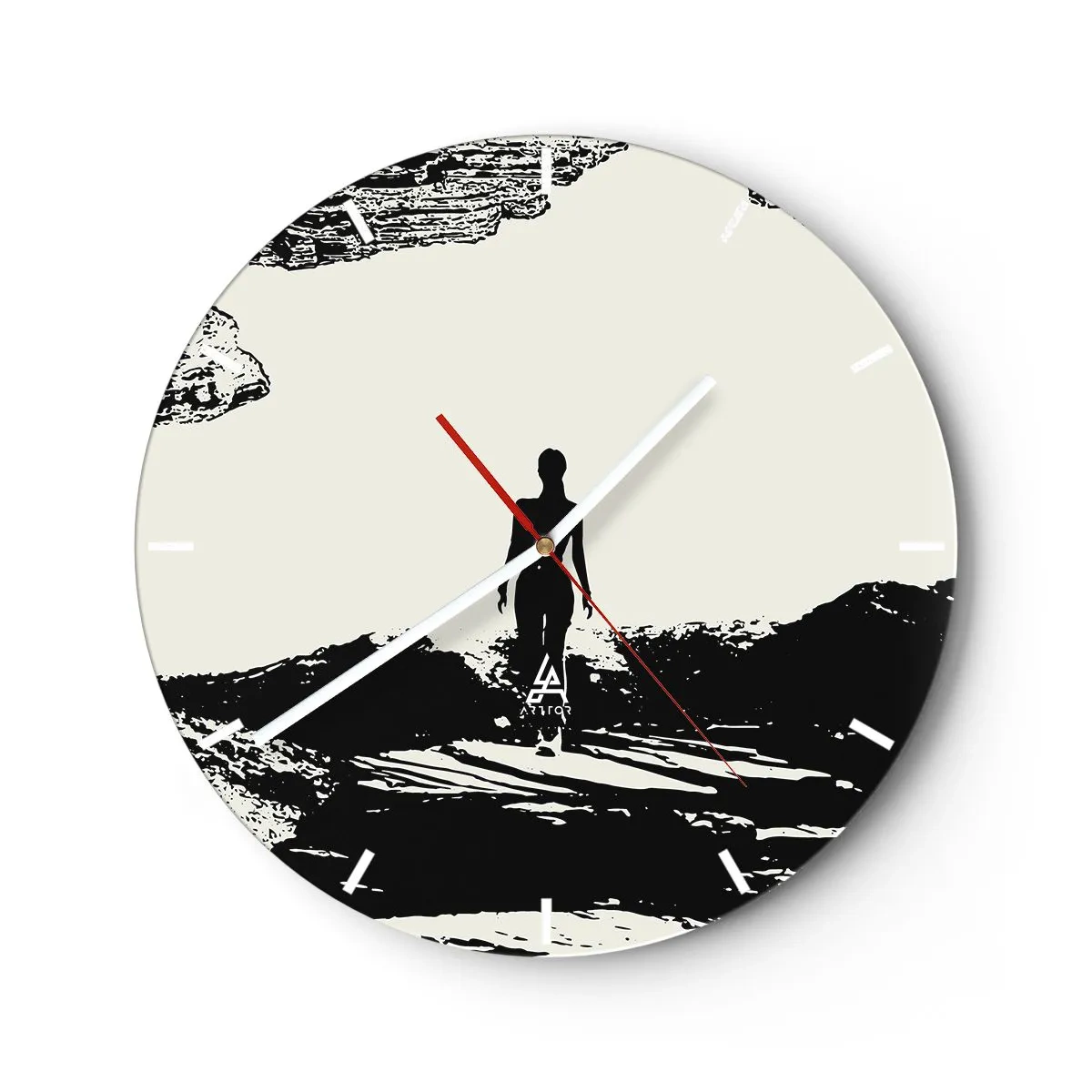 Wanduhr - Glasuhr - Schwarz-weiße Silhouette einer Frau vor einer felsigen Landschaft - 30x30cm - Neuer Blick - Moderne Wanddekoration für Wohnzimmer, Küche und Schlafzimmer ARTTOR