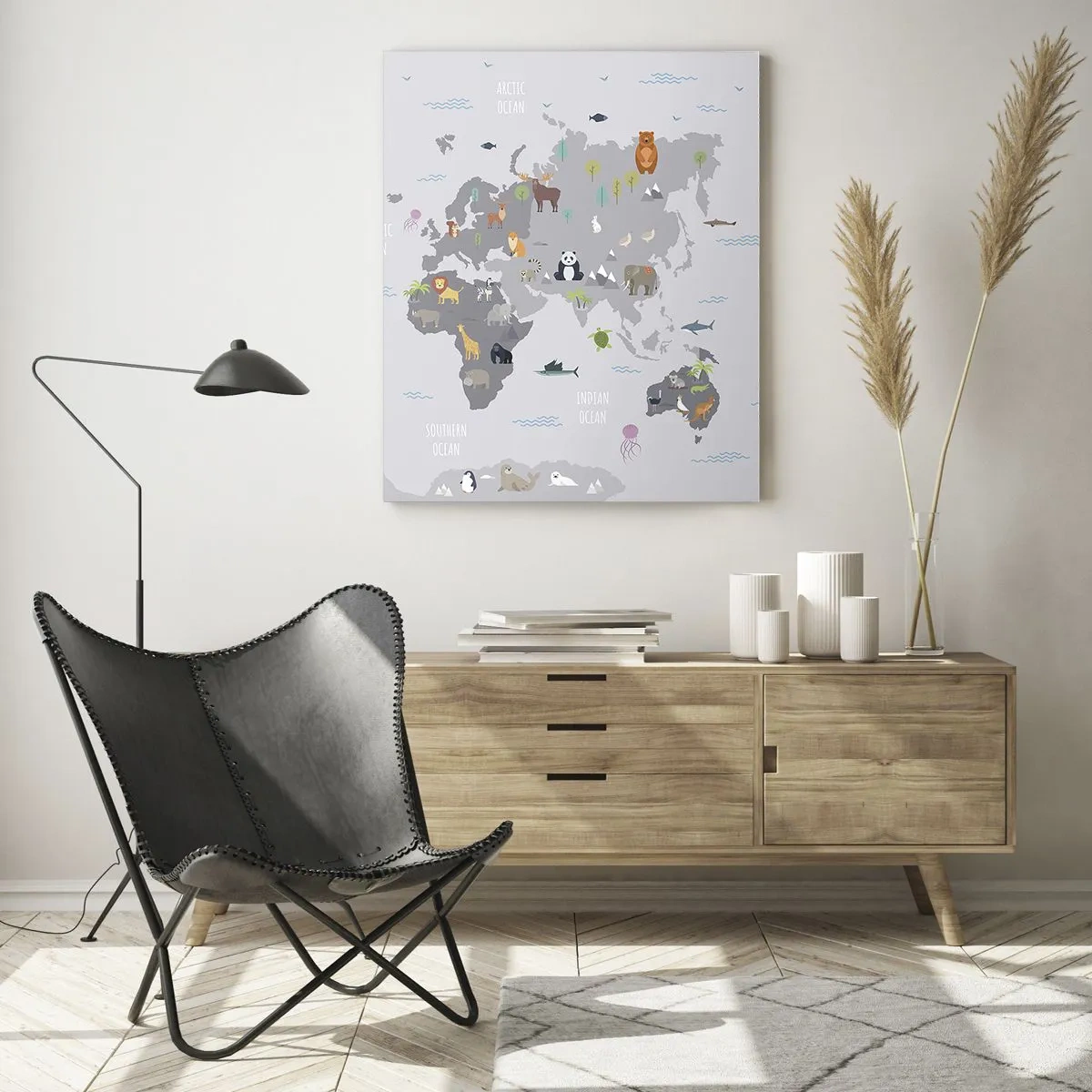 Glasbild - Bild auf glas - Illustrierte Weltkarte mit charakteristischen Tieren - 50x70cm - Sag mir wo du herkommst ... - Moderne Wanddekoration für Wohnzimmer und Schlafzimmer ARTTOR