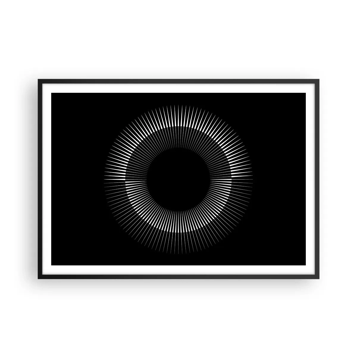 Poster in einem schwarzem Rahmen - Grafischer Kreis mit Strahlen in Schwarz und Weiß - 100x70cm - Schwarze Sonne - Moderne Wanddekoration für Wohnzimmer und Schlafzimmer ARTTOR