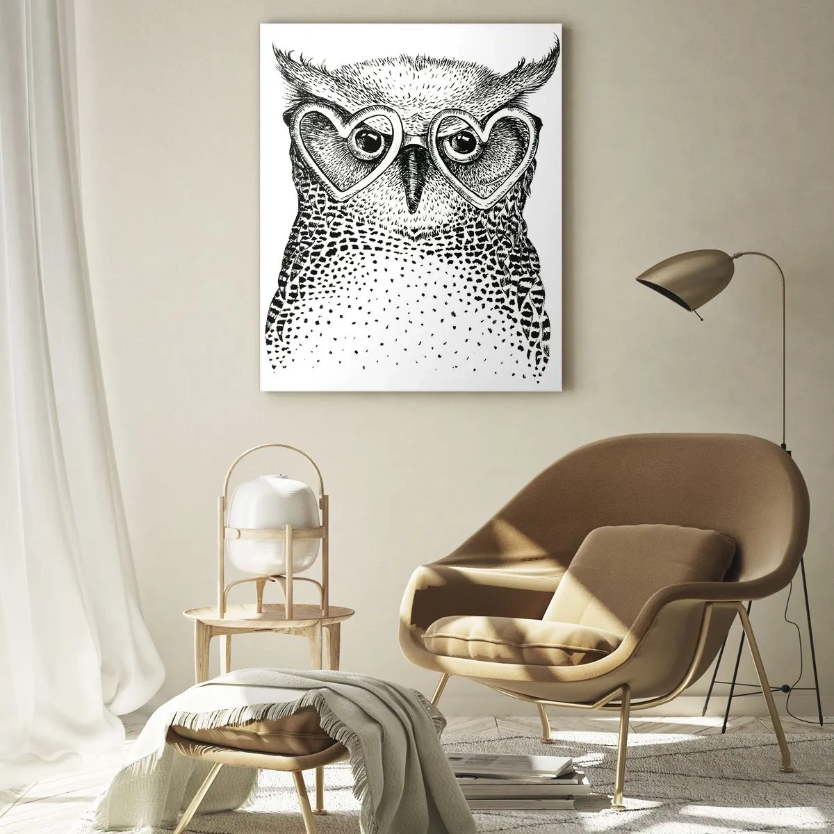 Glasbild - Bild auf glas - Stilvolle Grafik einer Eule mit herzförmiger Brille - 70x100cm - Klug und mit Liebe - Moderne Wanddekoration für Wohnzimmer und Schlafzimmer ARTTOR