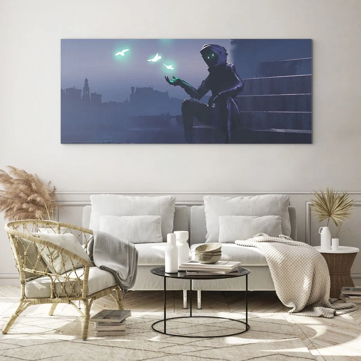 Glasbild - Bild auf glas - Eine vermummte Figur mit magischen Vögeln im Hintergrund einer Stadt - 160x50cm - Das Leben wird zurückkommen - Moderne Wanddekoration für Wohnzimmer und Schlafzimmer ARTTOR