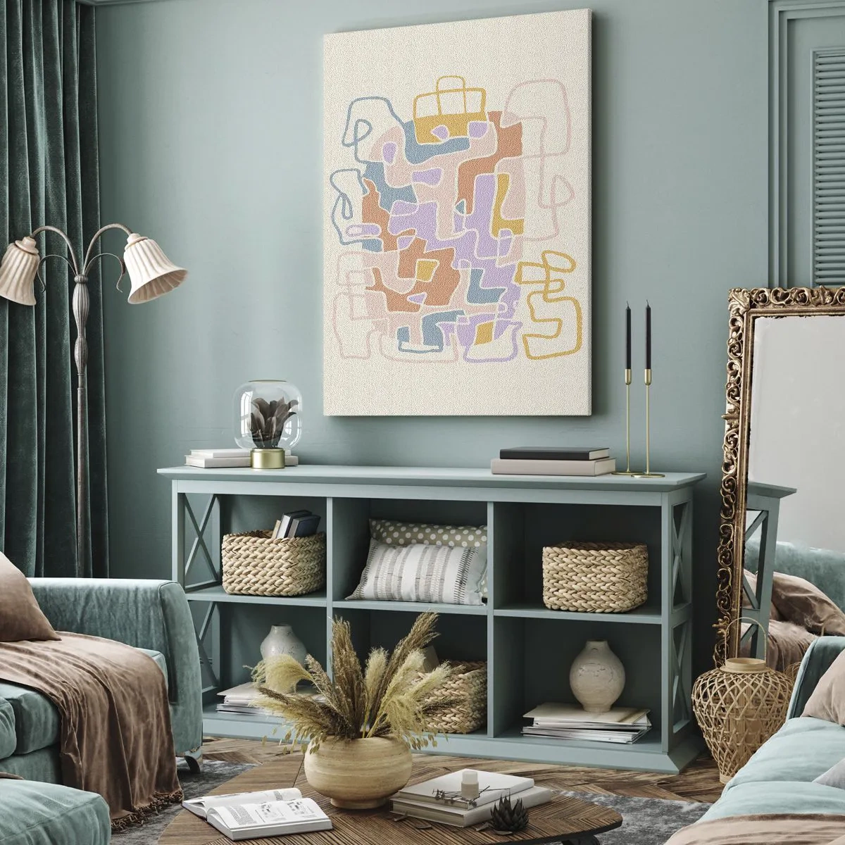 Bild auf Leinwand - Leinwandbild - Pastellfarbene abstrakte Linien erzeugen geometrische Muster - 50x70cm - Labyrinth – ein freudiges Abenteuer - Moderne Wanddekoration für Wohnzimmer und Schlafzimmer ARTTOR