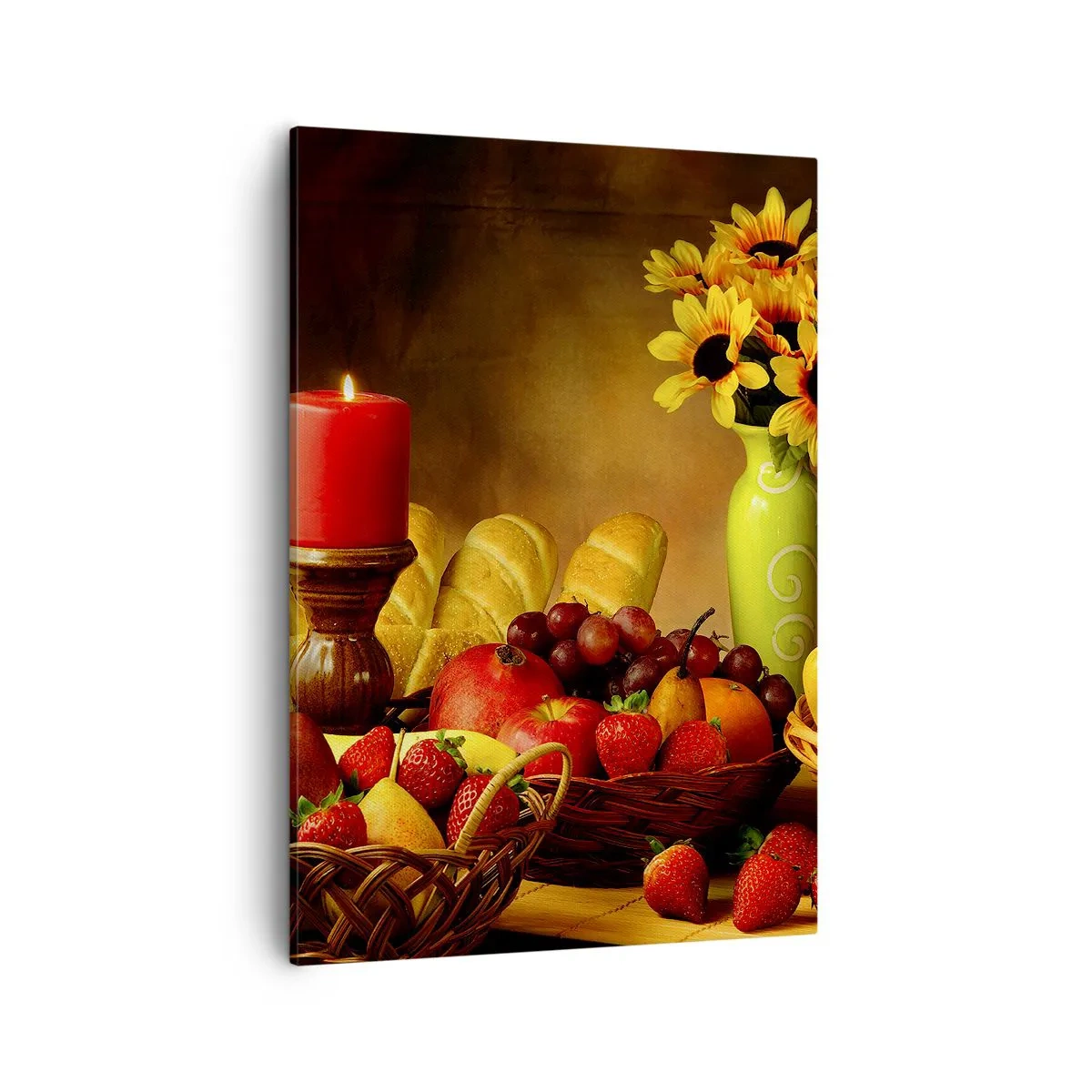 Bild auf Leinwand - Leinwandbild - Stillleben mit Früchten, Brot, Kerze und Blumen - 50x70cm - Stillleben mit Brot und Obst - Moderne Wanddekoration für Wohnzimmer und Schlafzimmer ARTTOR