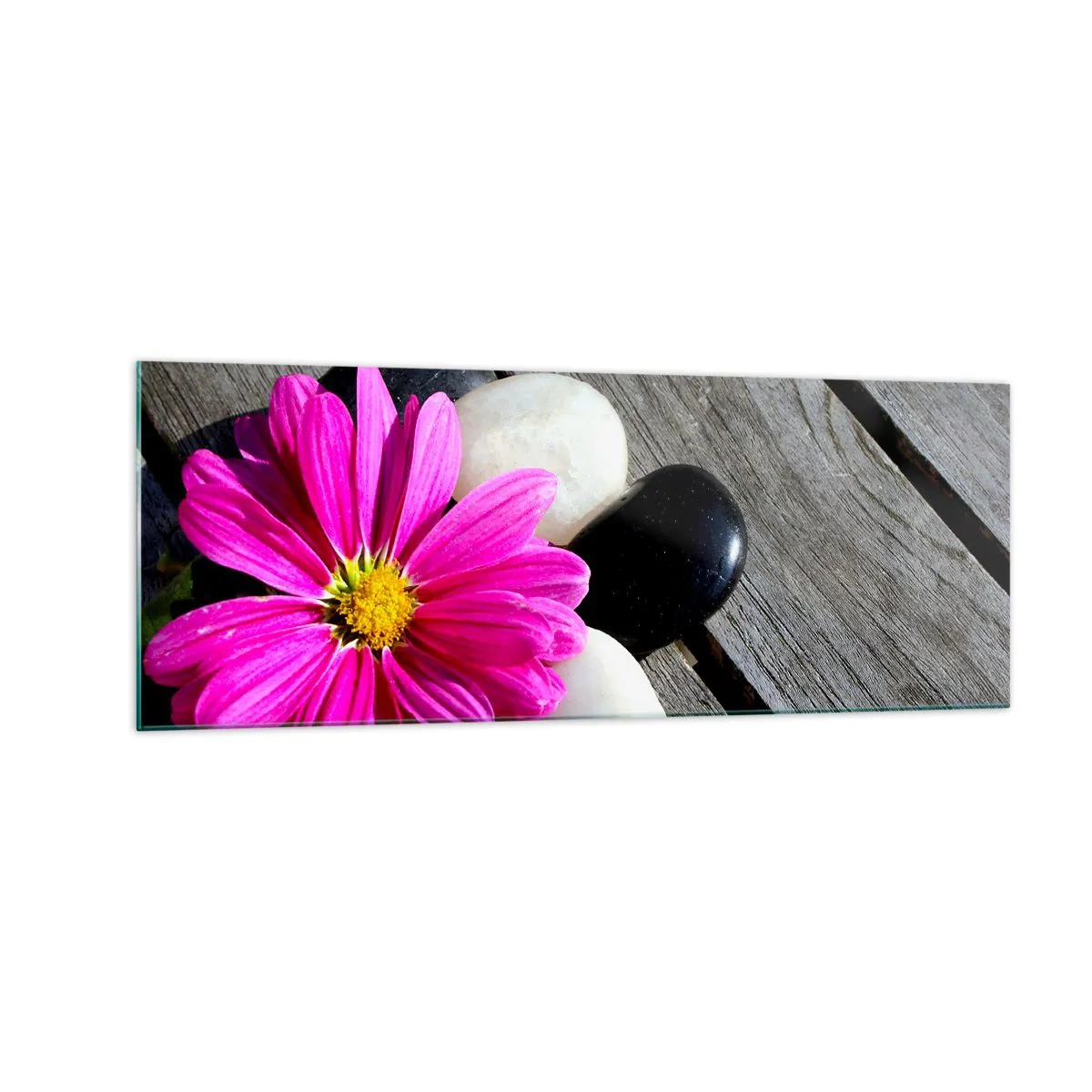 Glasbild - Bild auf glas - Rosa Blume auf einem Hintergrund aus Holzbrettern mit Steinen - 140x50cm - Ruhe auf dem Pier - Moderne Wanddekoration für Wohnzimmer und Schlafzimmer ARTTOR