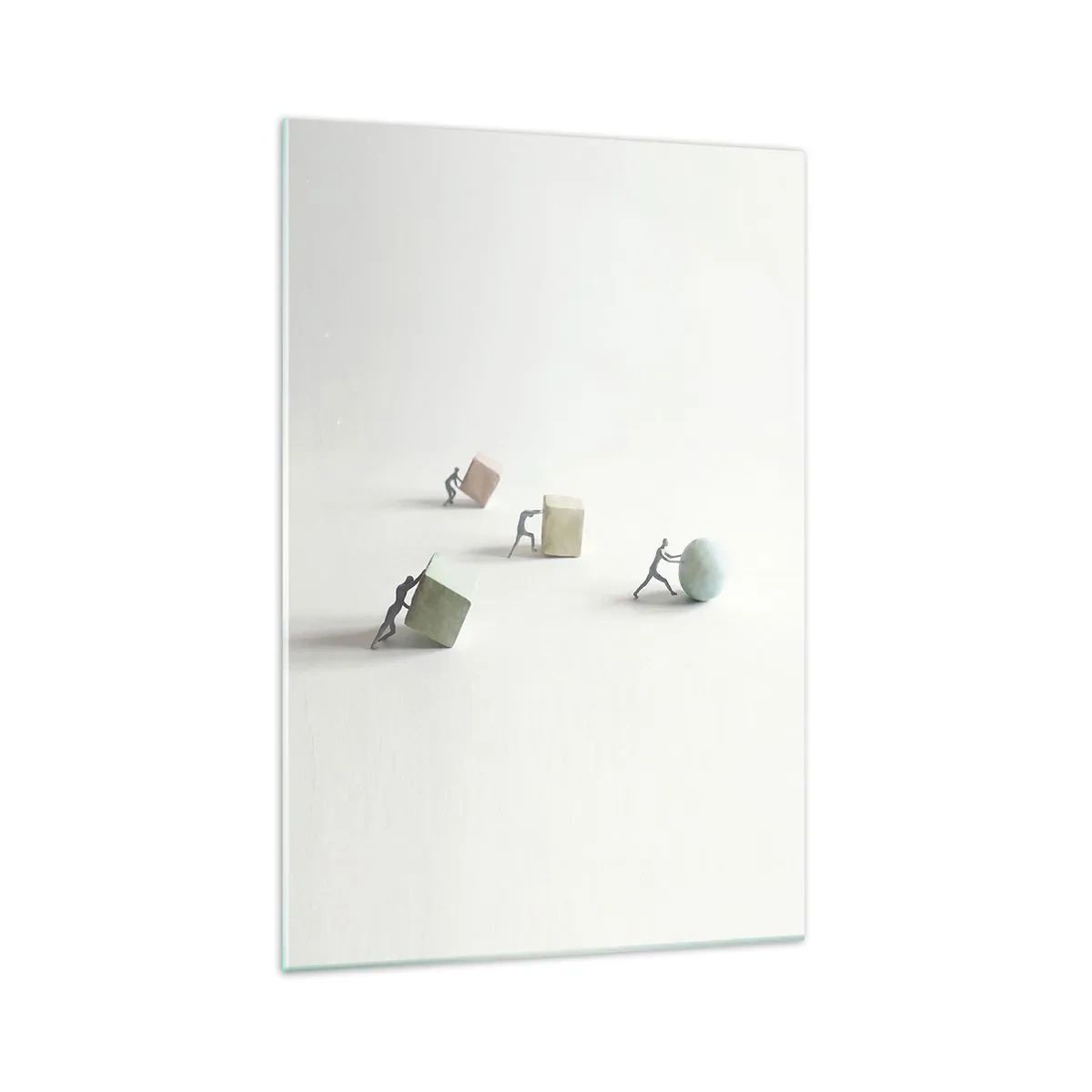 Glasbild - Bild auf glas - Miniaturfiguren, die Formen vor einem hellen Hintergrund schieben - 70x100cm - Pures Leben - Moderne Wanddekoration für Wohnzimmer und Schlafzimmer ARTTOR