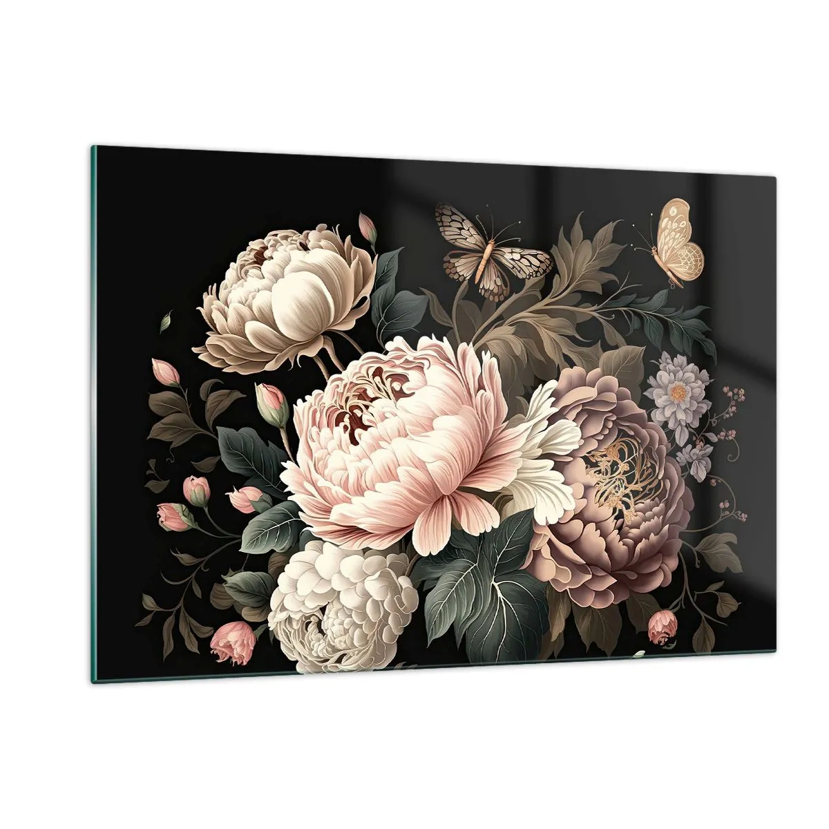 Glasbild - Bild auf glas - Blumenkomposition mit Schmetterlingen auf schwarzem Hintergrund - 120x80cm - Im Barockstil - Moderne Wanddekoration für Wohnzimmer und Schlafzimmer ARTTOR