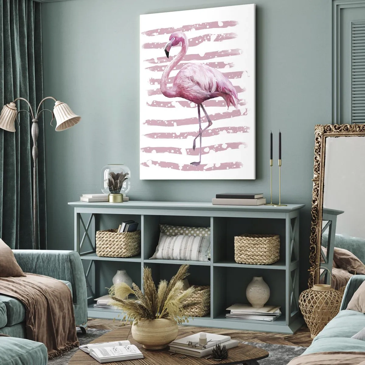 Bild auf Leinwand - Leinwandbild - Flamingo auf rosa Hintergrund im minimalistischen Stil - 50x70cm - In Würde, aber in Pink - Moderne Wanddekoration für Wohnzimmer und Schlafzimmer ARTTOR