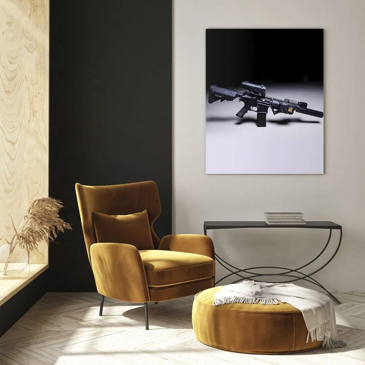 Glasbild - Bild auf glas - Ein schwarzes Sturmgewehr mit Zubehör liegt auf einem hellen Hintergrund - 50x70cm - dunkler Ritter - Moderne Wanddekoration für Wohnzimmer und Schlafzimmer ARTTOR