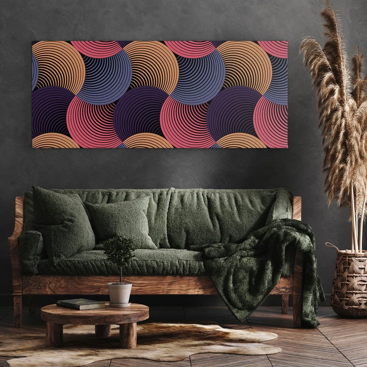 Bild auf Leinwand - Leinwandbild - Geometrische Kreise in Rosa-, Lila- und Goldtönen - 140x50cm - Im kreisenden Rhythmus - Moderne Wanddekoration für Wohnzimmer und Schlafzimmer ARTTOR