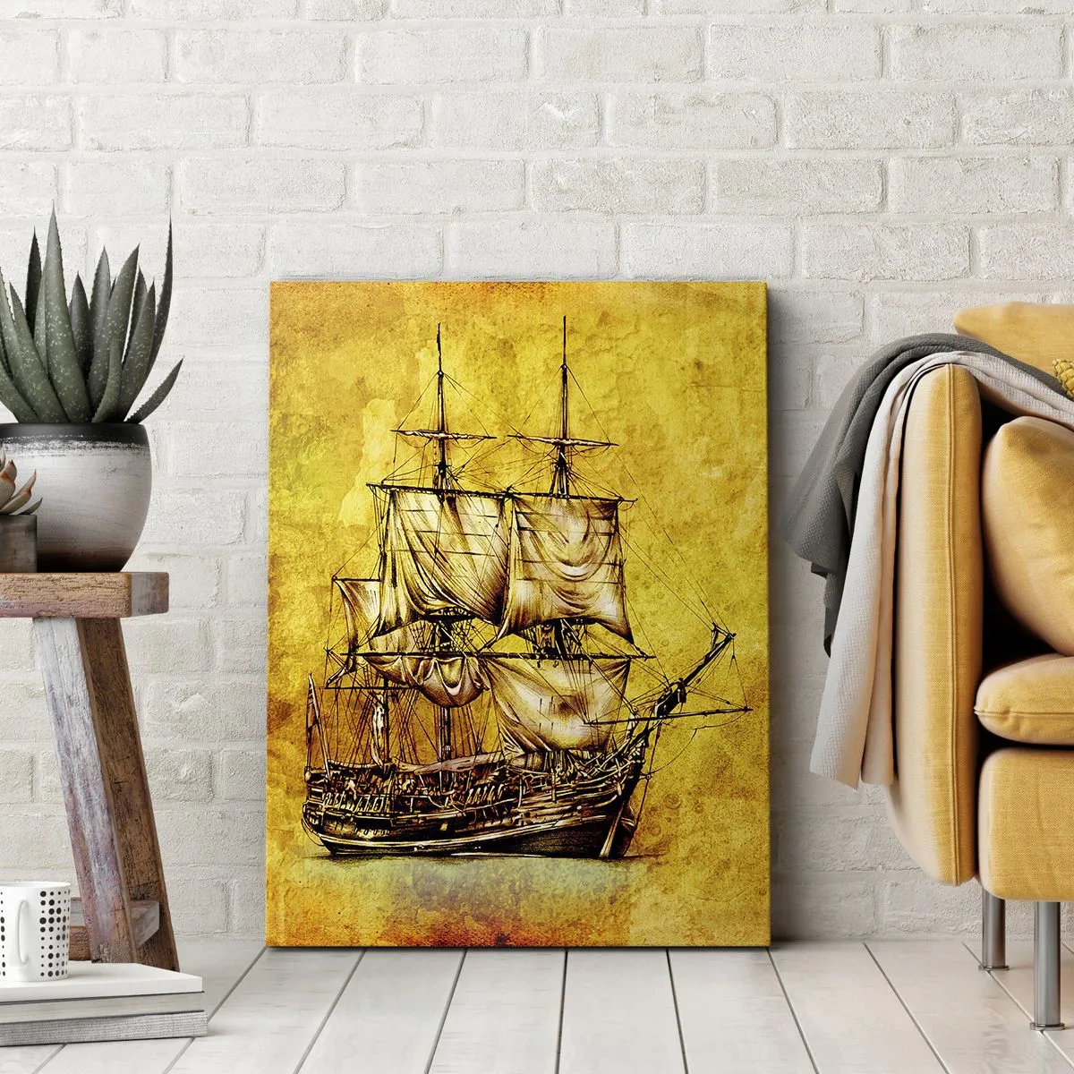Bild auf Leinwand - Leinwandbild - Eine stilisierte Zeichnung eines Segelschiffs auf goldenem Hintergrund mit Vintage-Feeling. - 70x100cm - Richtung Tortuga! - Moderne Wanddekoration für Wohnzimmer und Schlafzimmer ARTTOR