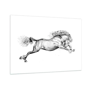 Glasbild - Bild auf glas - Schwarz-Weiß-Zeichnung eines galoppierenden Pferdes - 100x70cm - Im Galopp festgehalten - Moderne Wanddekoration für Wohnzimmer und Schlafzimmer ARTTOR