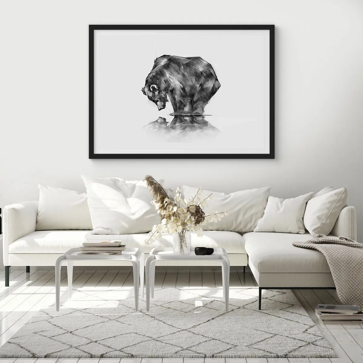 Poster in einem schwarzem Rahmen - Eine Zeichnung eines Bären im minimalistischen Stil - 70x50cm - Schön, jemanden in der Nähe zu sehen - Moderne Wanddekoration für Wohnzimmer und Schlafzimmer ARTTOR