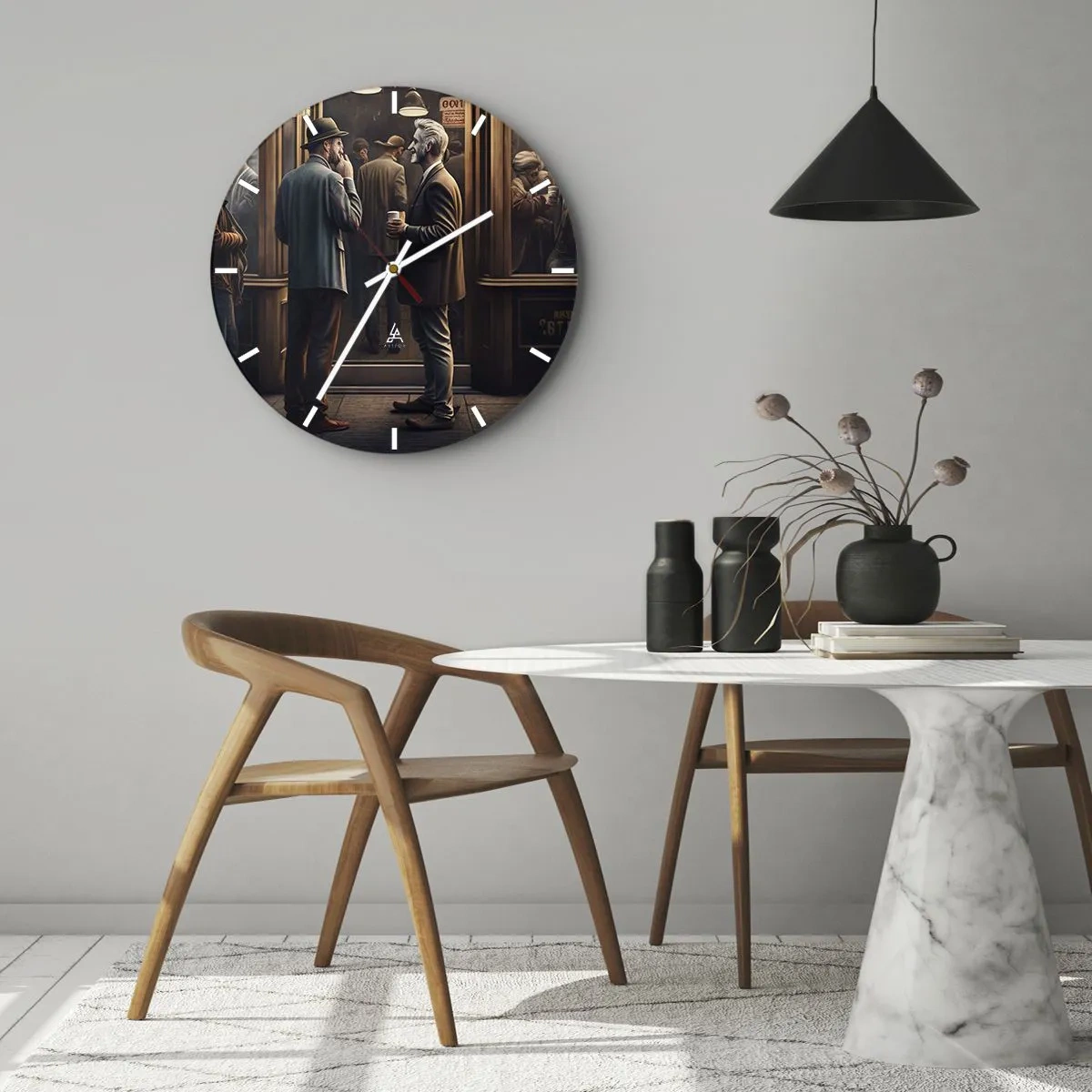 Wanduhr - Glasuhr - Zwei Männer unterhalten sich bei einer Tasse Kaffee vor einem Café - 30x30cm - Gute Zeit des Tages - Moderne Wanddekoration für Wohnzimmer, Küche und Schlafzimmer ARTTOR