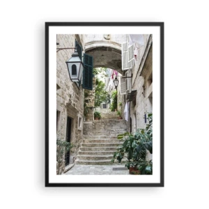 Poster in einem schwarzem Rahmen - Eine malerische Steinstraße mit Treppen und Vegetation - 50x70cm - Eine bezaubernde Gasse - Moderne Wanddekoration für Wohnzimmer und Schlafzimmer ARTTOR