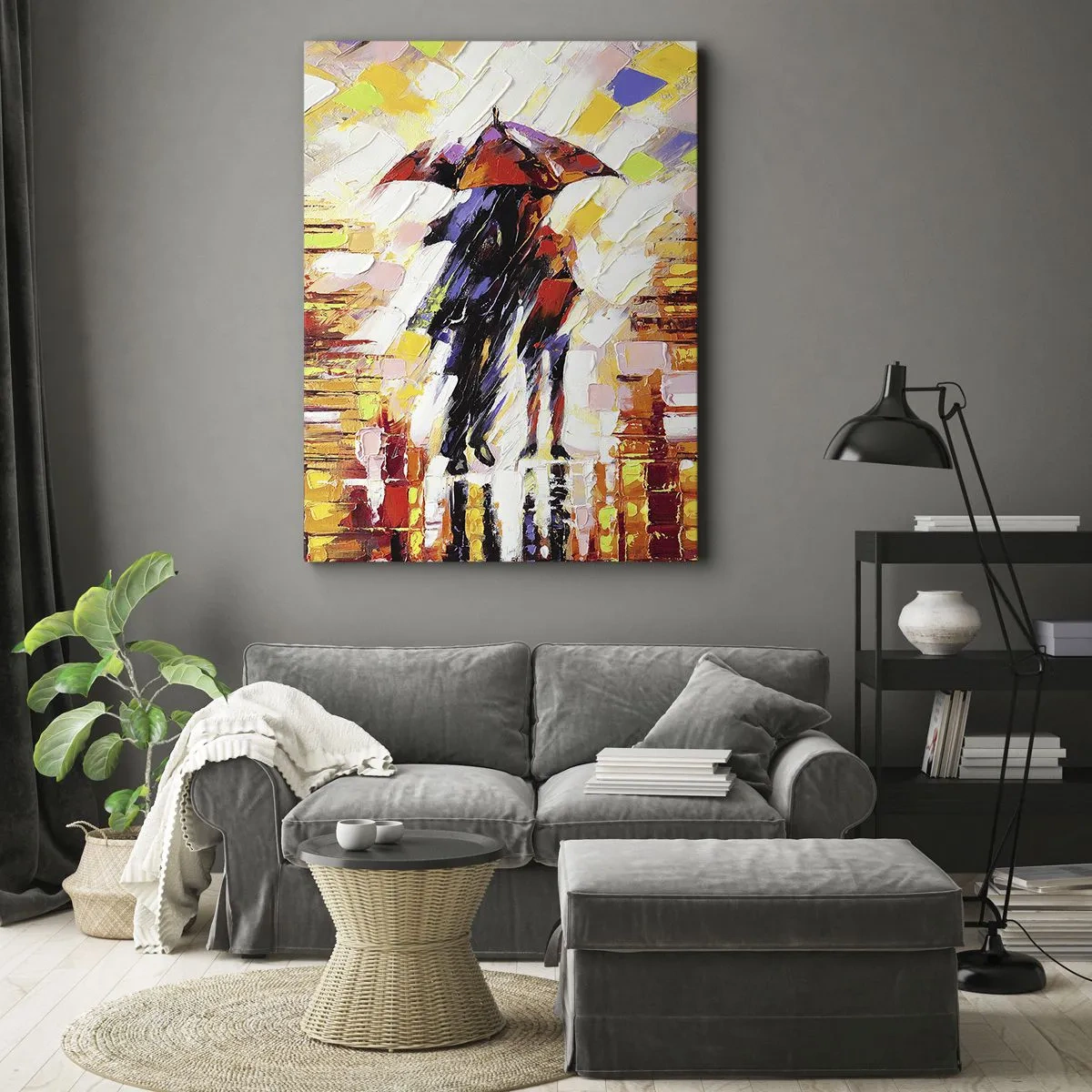 Bild auf Leinwand - Leinwandbild - Eine abstrakte Szene eines Spaziergangs unter einem Regenschirm in einer regnerischen Nacht. - 50x70cm - Gemeinsam durch die Nacht und den Regen - Moderne Wanddekoration für Wohnzimmer und Schlafzimmer ARTTOR