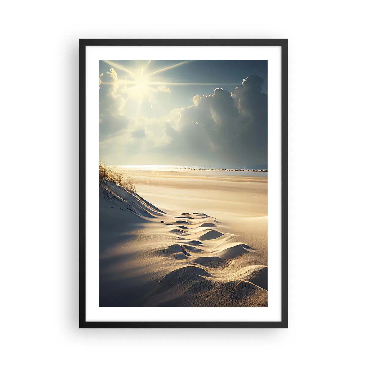 Poster in einem schwarzem Rahmen - Goldene Dünen am Strand bei Sonnenuntergang - 50x70cm - Beruhigende Landschaft - Moderne Wanddekoration für Wohnzimmer und Schlafzimmer ARTTOR