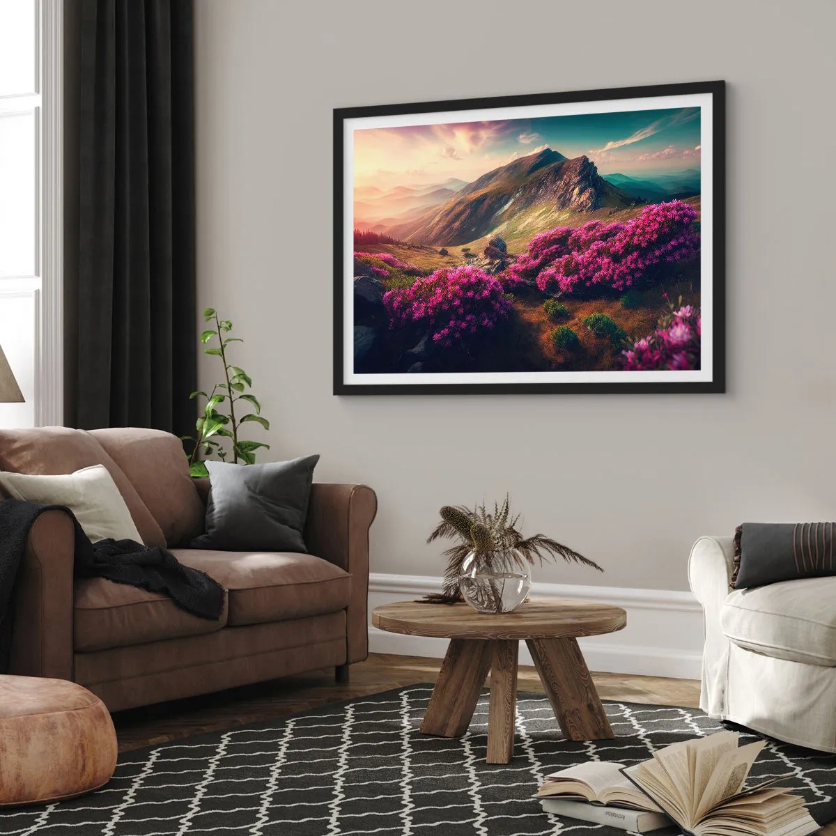 Poster in einem schwarzem Rahmen - Berglandschaft mit blühenden Rhododendren - 100x70cm - Sommer in den Bergen - Moderne Wanddekoration für Wohnzimmer und Schlafzimmer ARTTOR