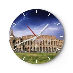 Wanduhr - Glasuhr - Das Kolosseum wird vom Blitz vor einem dunklen Himmel beleuchtet - 30x30cm - Kampfarena - Moderne Wanddekoration für Wohnzimmer, Küche und Schlafzimmer ARTTOR