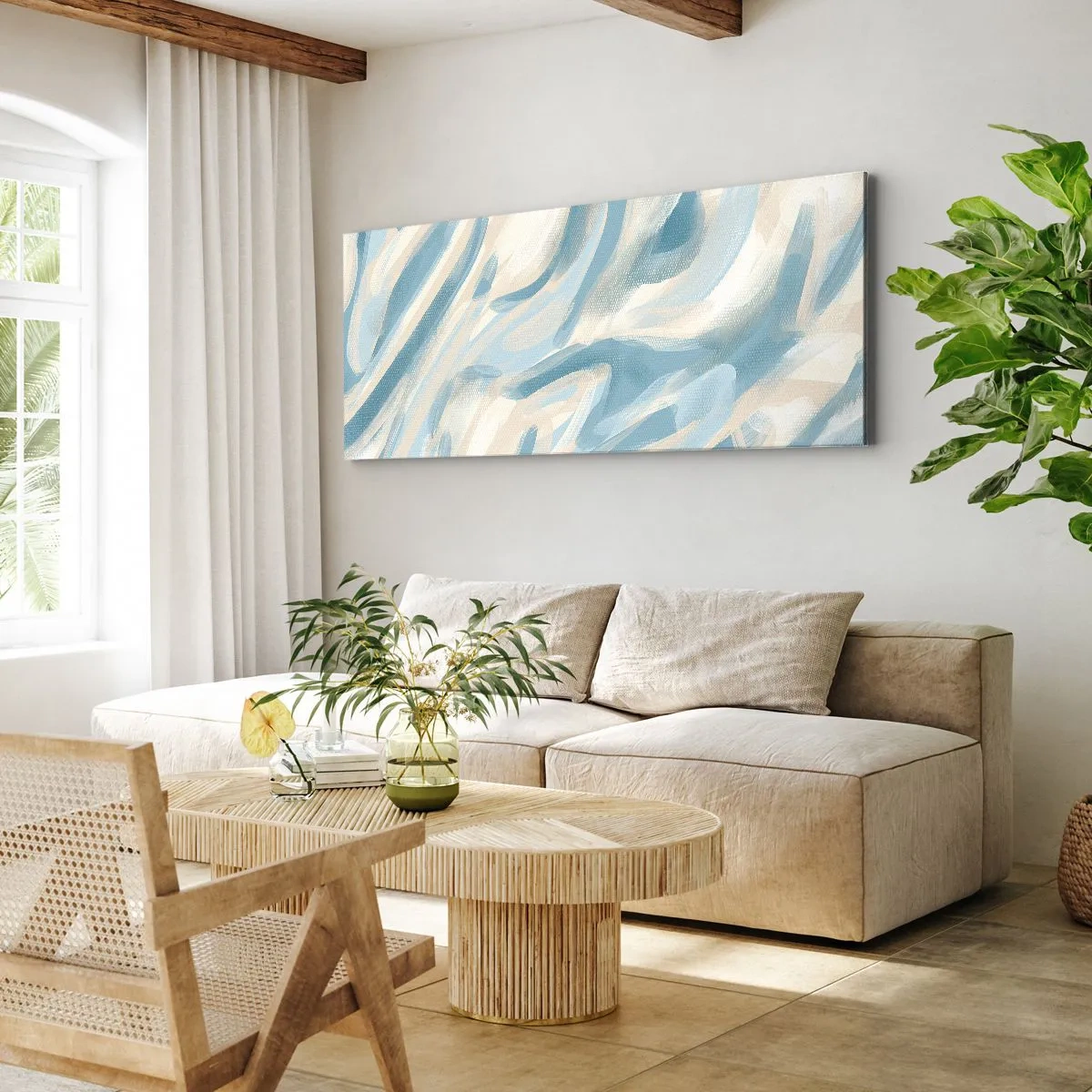 Bild auf Leinwand - Leinwandbild - Abstrakte blaue Streifen auf hellem Hintergrund - 120x50cm - Frühlingsbrisen - Moderne Wanddekoration für Wohnzimmer und Schlafzimmer ARTTOR
