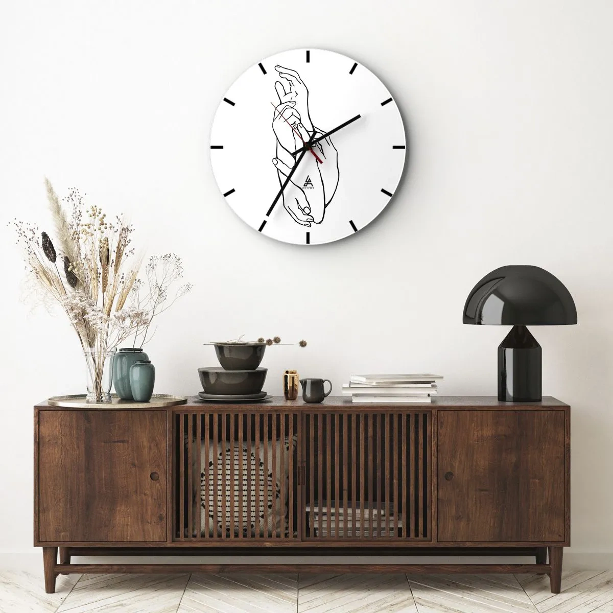 Wanduhr - Glasuhr - Eine zarte Skizze von zwei gefalteten Händen auf weißem Hintergrund - 30x30cm - Gute Geste - Moderne Wanddekoration für Wohnzimmer, Küche und Schlafzimmer ARTTOR