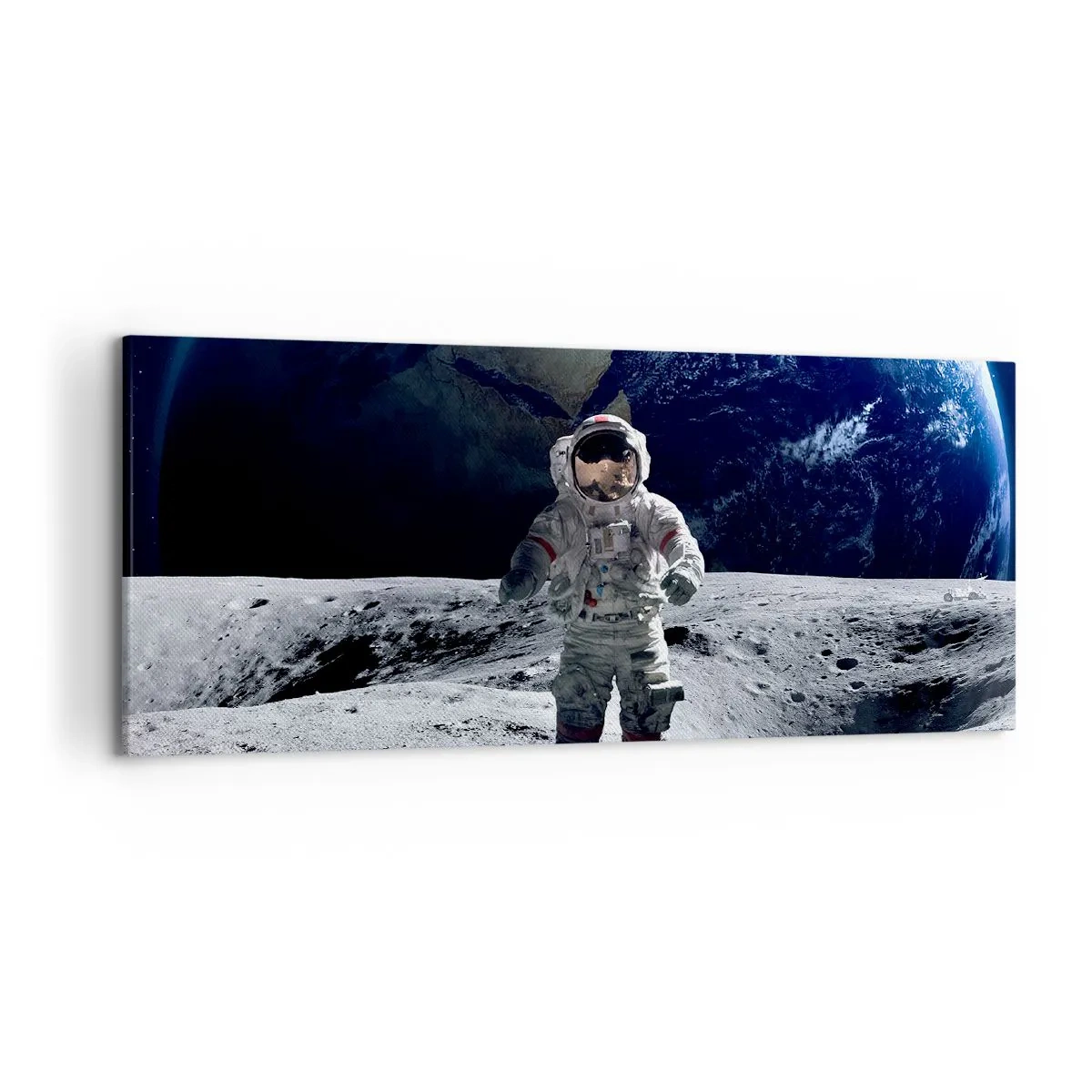 Bild auf Leinwand - Leinwandbild - Astronaut auf der Mondoberfläche mit der Erde im Hintergrund - 120x50cm - Grüße vom Mond - Moderne Wanddekoration für Wohnzimmer und Schlafzimmer ARTTOR