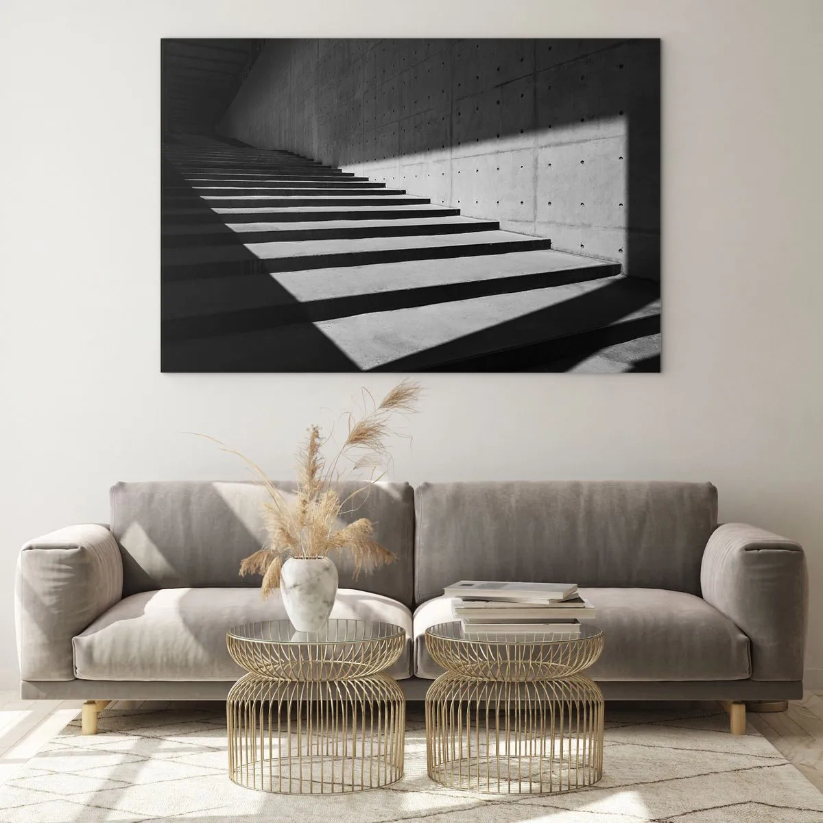 Glasbild - Bild auf glas - Betontreppen in scharfem Licht und Schatten im modernen Stil - 70x50cm - Rohe Schönheit des Modernismus - Moderne Wanddekoration für Wohnzimmer und Schlafzimmer ARTTOR