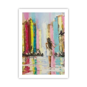 Poster - Eine Frau zwischen farbenfrohen Gebäuden im impressionistischen Stil - 50x70cm - Folge mir - Moderne Wanddekoration für Wohnzimmer und Schlafzimmer ARTTOR