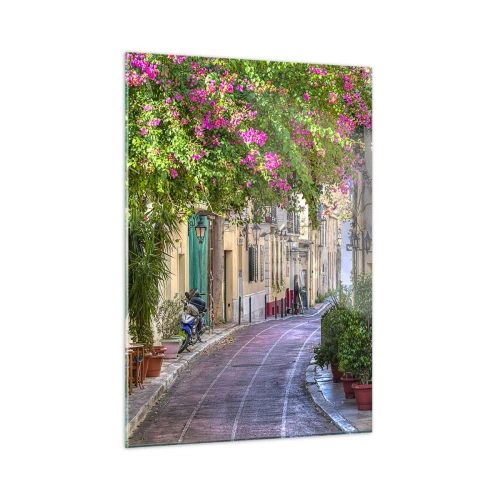 Glasbild - Bild auf glas - Eine bezaubernde Straße mit blühenden Bäumen - 50x70cm - Blühende Gasse - Moderne Wanddekoration für Wohnzimmer und Schlafzimmer ARTTOR