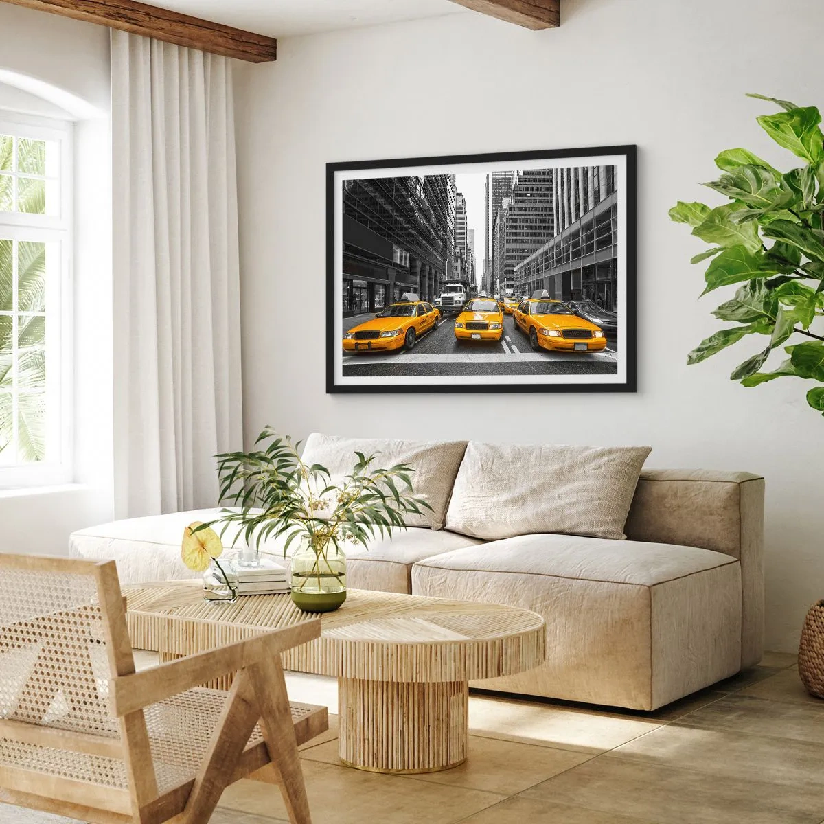 Poster in einem schwarzem Rahmen - Gelbe Taxis auf den Straßen von New York - 70x50cm - Wir färben die Stadt - Moderne Wanddekoration für Wohnzimmer und Schlafzimmer ARTTOR