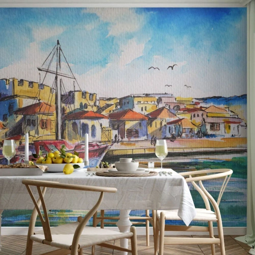 Fototapete Premium Sand - Regenbogennachmittag - Hafen, Yacht, Strand - 150x105 cm