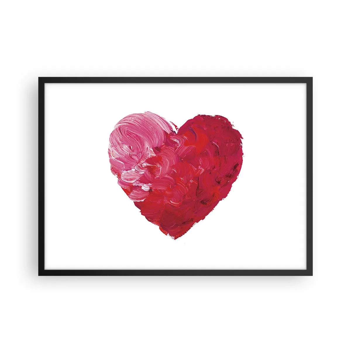 Poster in einem schwarzem Rahmen - Ein rosa und rotes Herz, mit einem Pinsel gemalt - 70x50cm - Alles was du brauchst ist Liebe - Moderne Wanddekoration für Wohnzimmer und Schlafzimmer ARTTOR