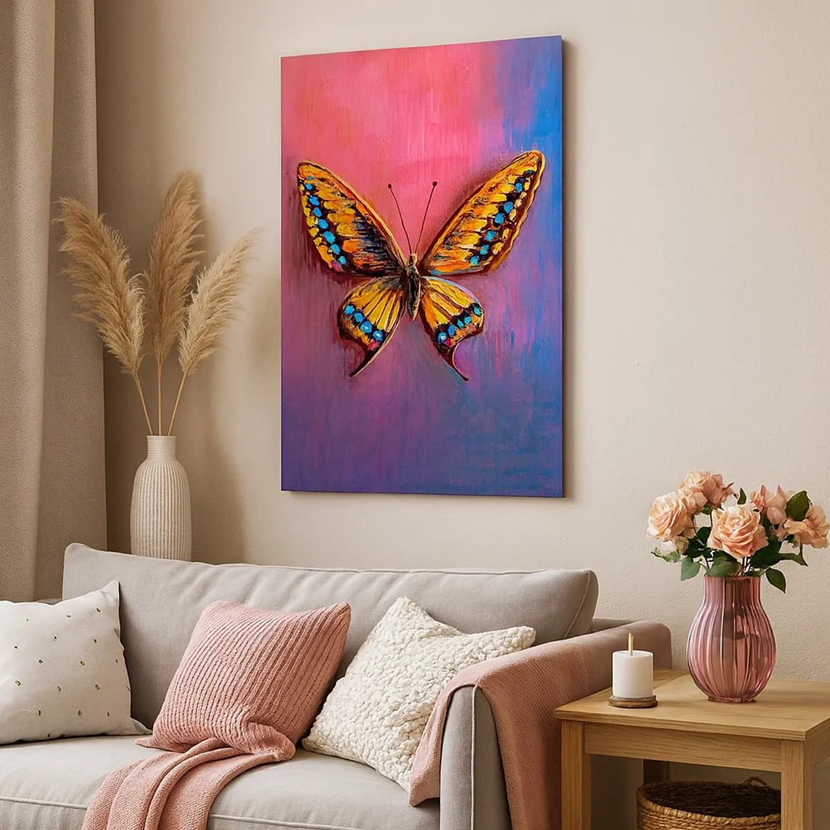 Bild auf Leinwand - Leinwandbild - Bunter Schmetterling auf abstraktem Hintergrund - 50x70cm - Ein Juwel der Natur - Moderne Wanddekoration für Wohnzimmer und Schlafzimmer ARTTOR