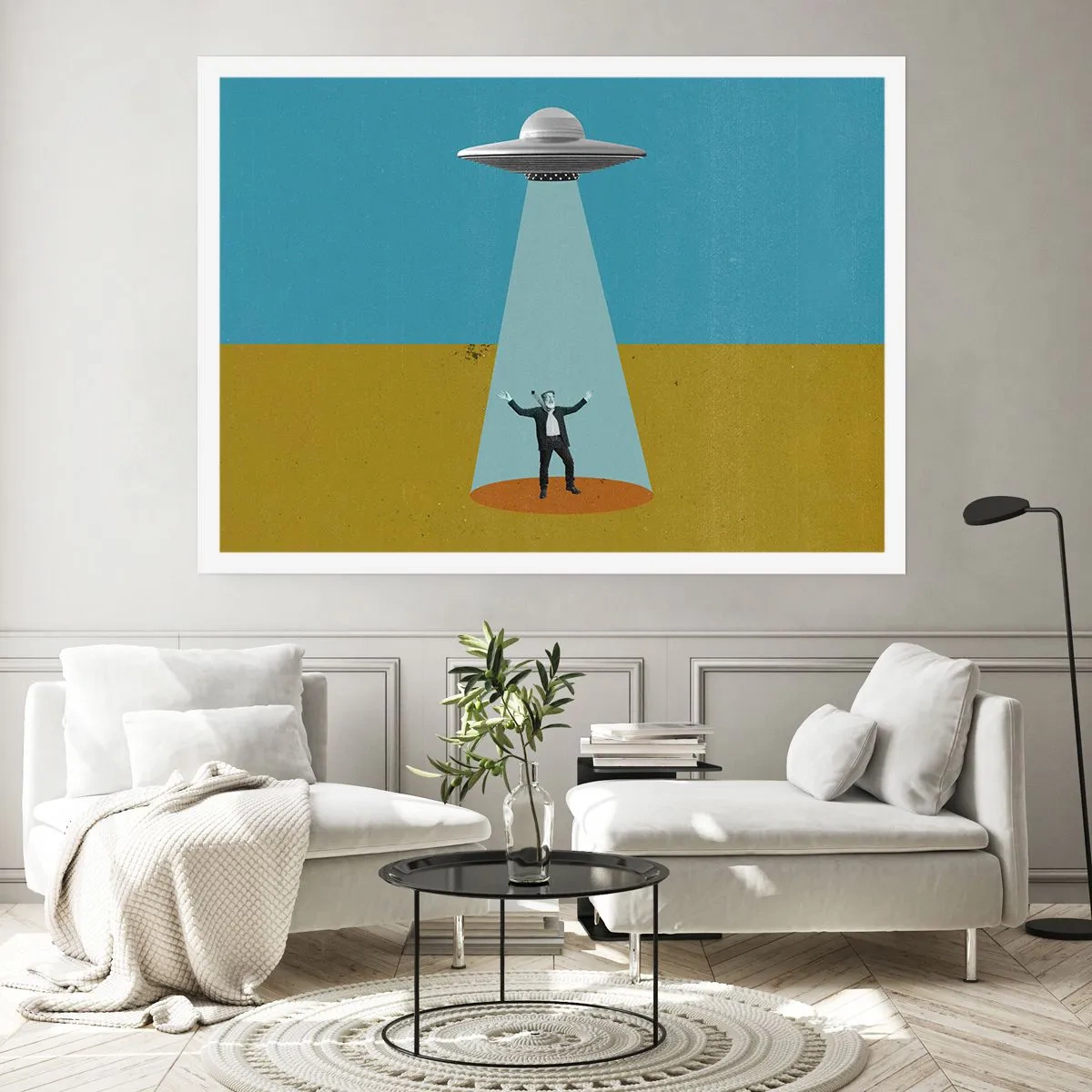 Poster - Ein Mann im Licht eines UFOs vor dem Hintergrund einer farbenfrohen Landschaft - 100x70cm - Nahe Begegnung - Moderne Wanddekoration für Wohnzimmer und Schlafzimmer ARTTOR
