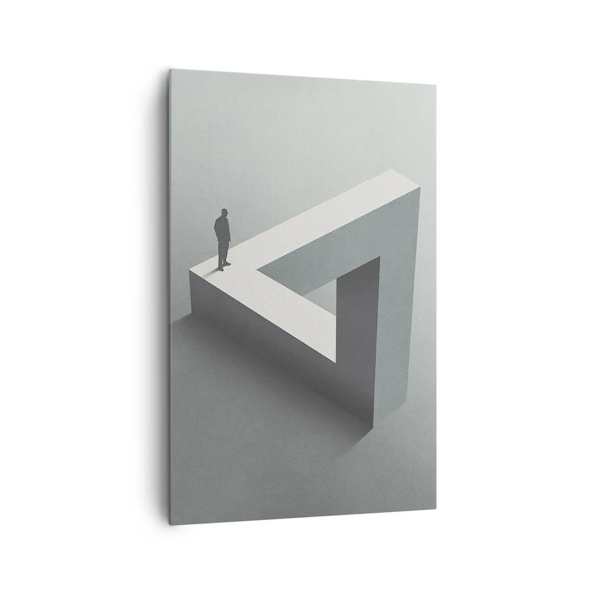 Bild auf Leinwand - Leinwandbild - Eine Figur, die auf einem Penrose-Dreieck in Grautönen steht. - 80x120cm - Es ist also doch möglich - Moderne Wanddekoration für Wohnzimmer und Schlafzimmer ARTTOR