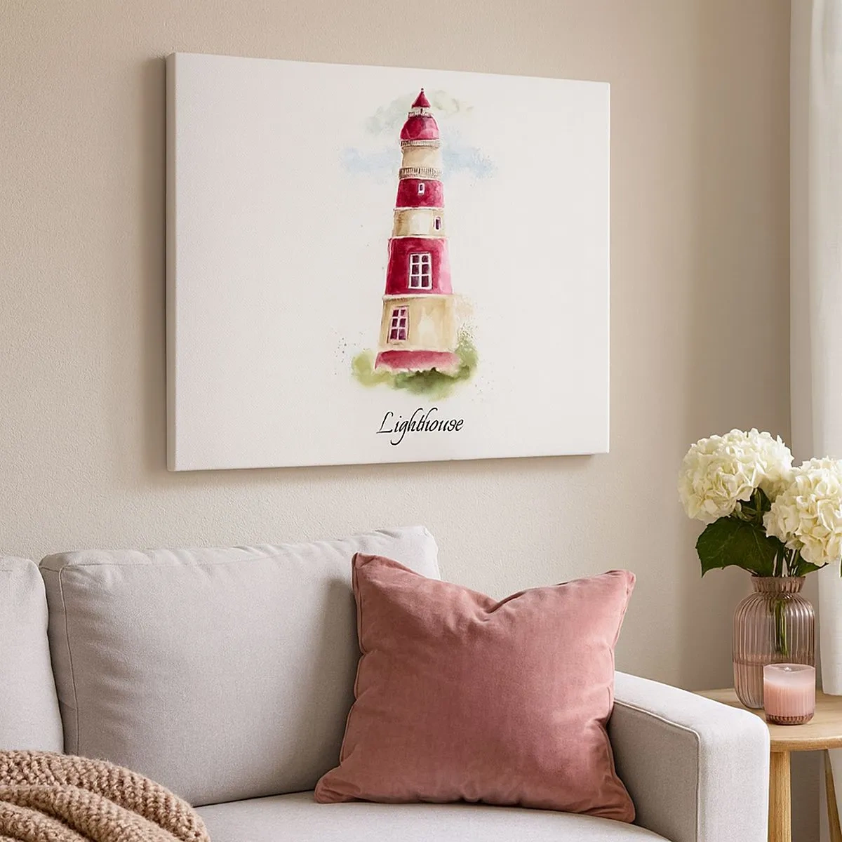 Bild auf Leinwand - Leinwandbild - Ein Aquarell eines Leuchtturms auf hellem Hintergrund mit einer Inschrift - 70x50cm - Das Wetter ringsum ist immer gut - Moderne Wanddekoration für Wohnzimmer und Schlafzimmer ARTTOR