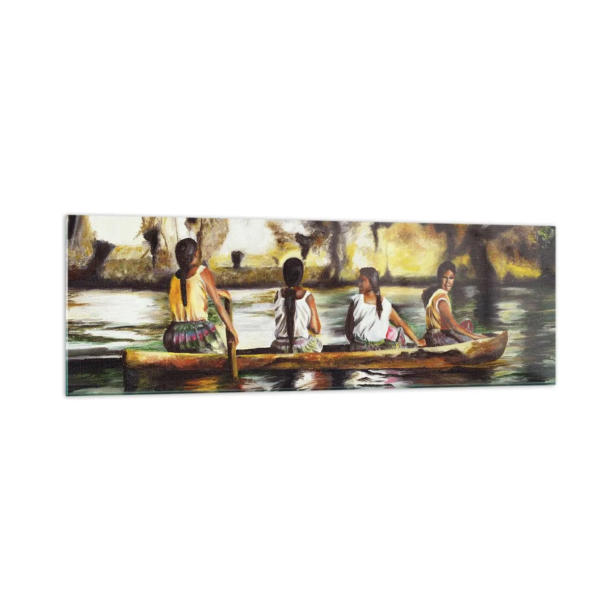 Glasbild - Bild auf glas - Frauen in einem Boot auf einem ruhigen Fluss mit malerischer Kulisse - 160x50cm - In einem polynesischen Paradies - Moderne Wanddekoration für Wohnzimmer und Schlafzimmer ARTTOR