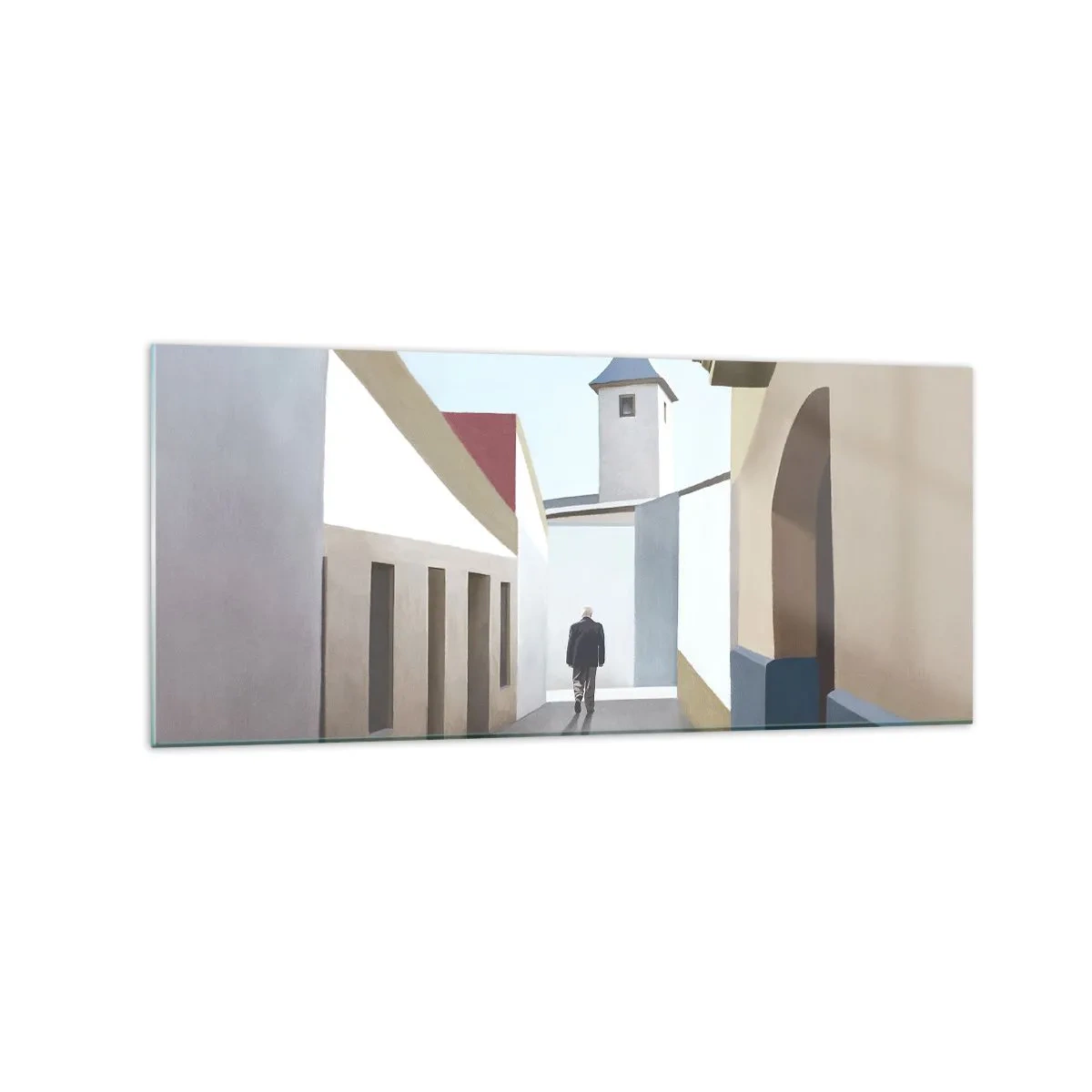 Glasbild - Bild auf glas - Eine minimalistische Straße mit der Silhouette eines Mannes im Hintergrund - 120x50cm - Sonniger Spaziergang - Moderne Wanddekoration für Wohnzimmer und Schlafzimmer ARTTOR