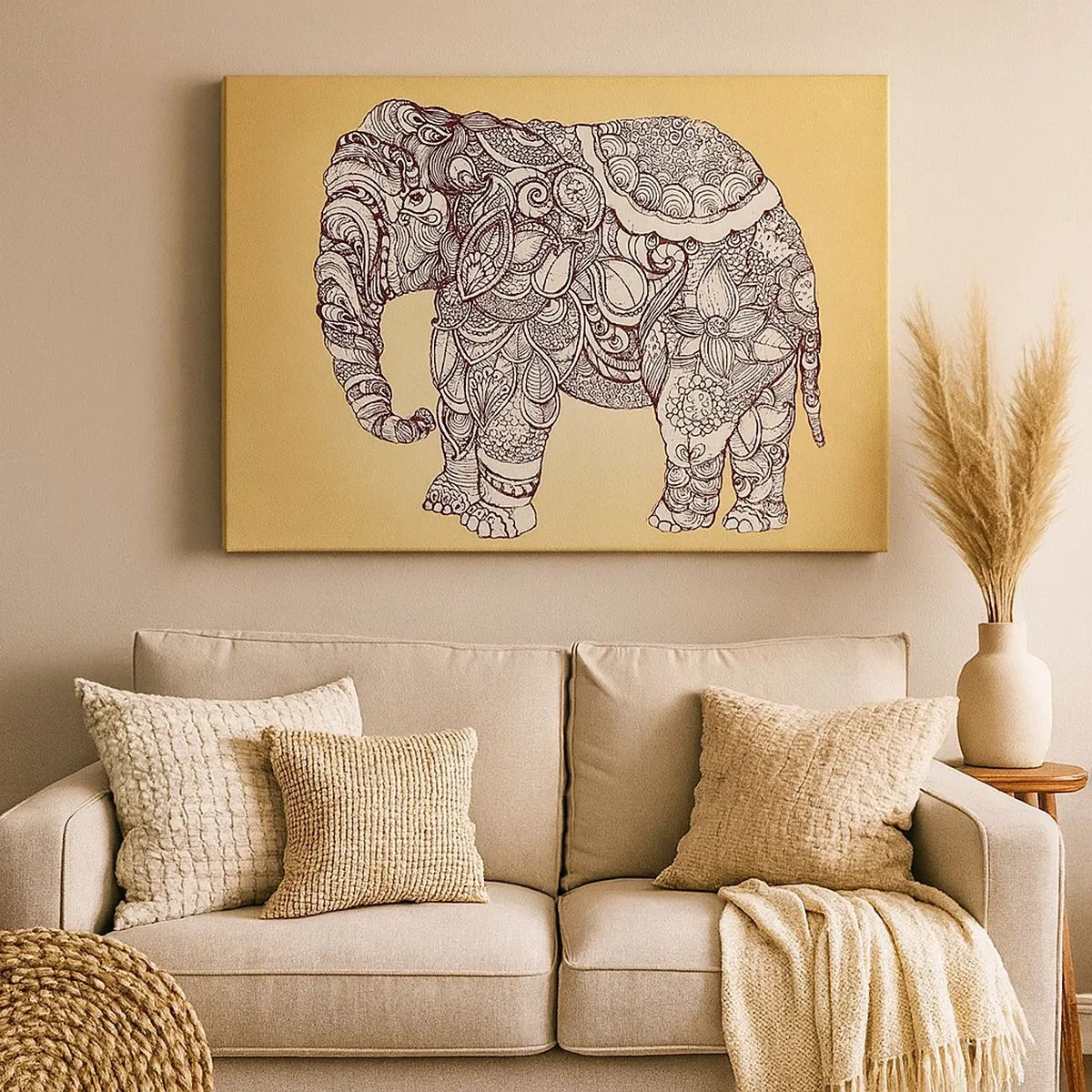 Bild auf Leinwand - Leinwandbild - Handgezeichneter Elefant mit kunstvollem Muster auf beigem Hintergrund - 70x50cm - Elefant verhüllte sich - Moderne Wanddekoration für Wohnzimmer und Schlafzimmer ARTTOR